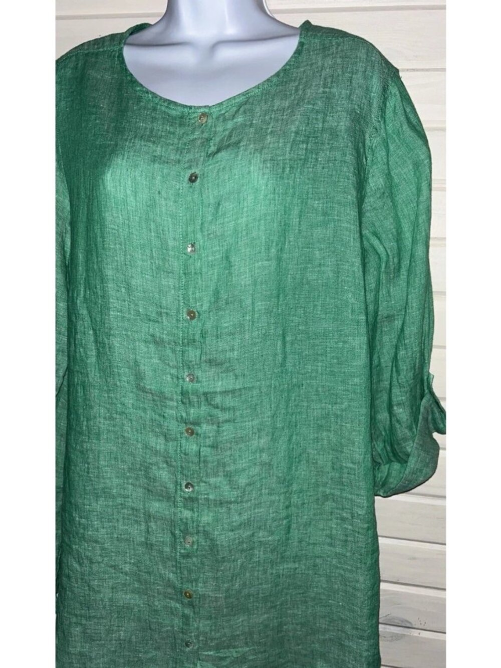 Tahari Sz PLUS 1X Green 100% Linen Button Front Roll Tab Sleeve Tunic EUC